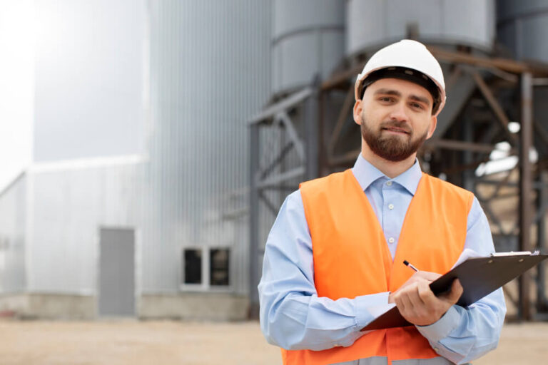 Engenheiro civil revisando contrato de obra em escritório