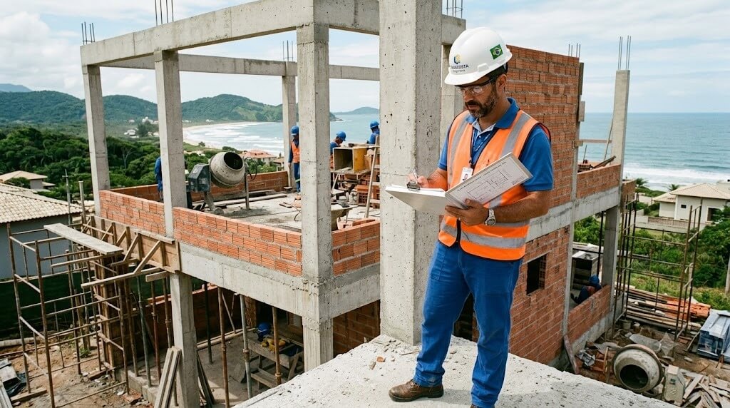 Conferência de armadura e estrutura durante o acompanhamento técnico da obra