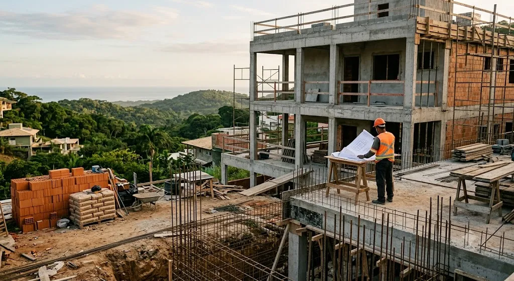 Custos ocultos de uma obra residencial: casa em construção na Grande Florianópolis com fundação e estrutura aparentes