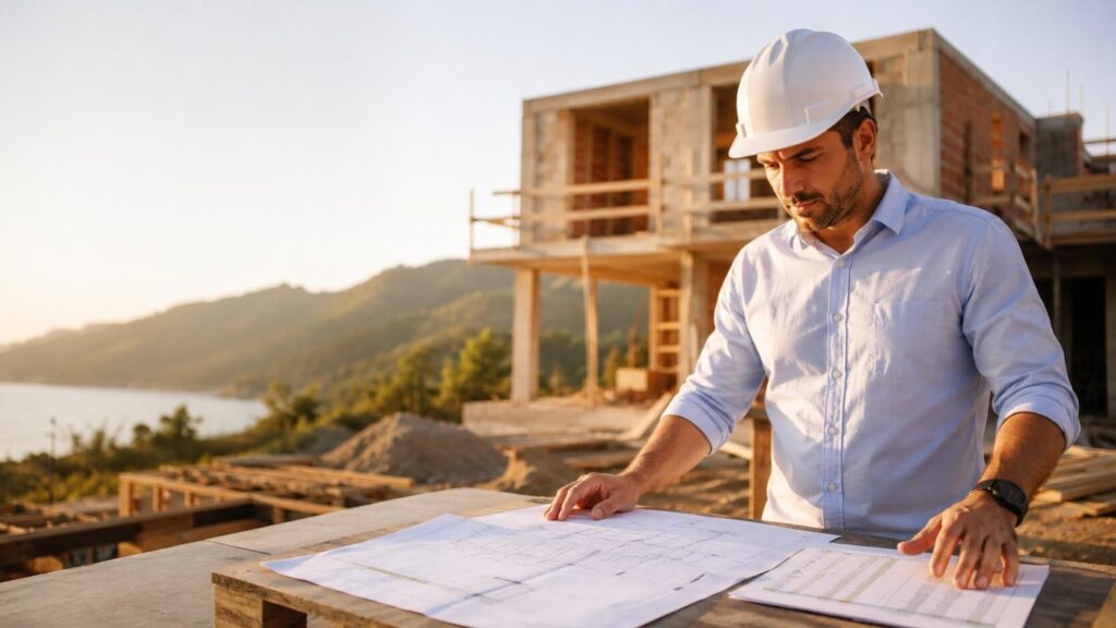Engenheiro responsável técnico analisa projeto e documentos de financiamento Caixa em obra residencial