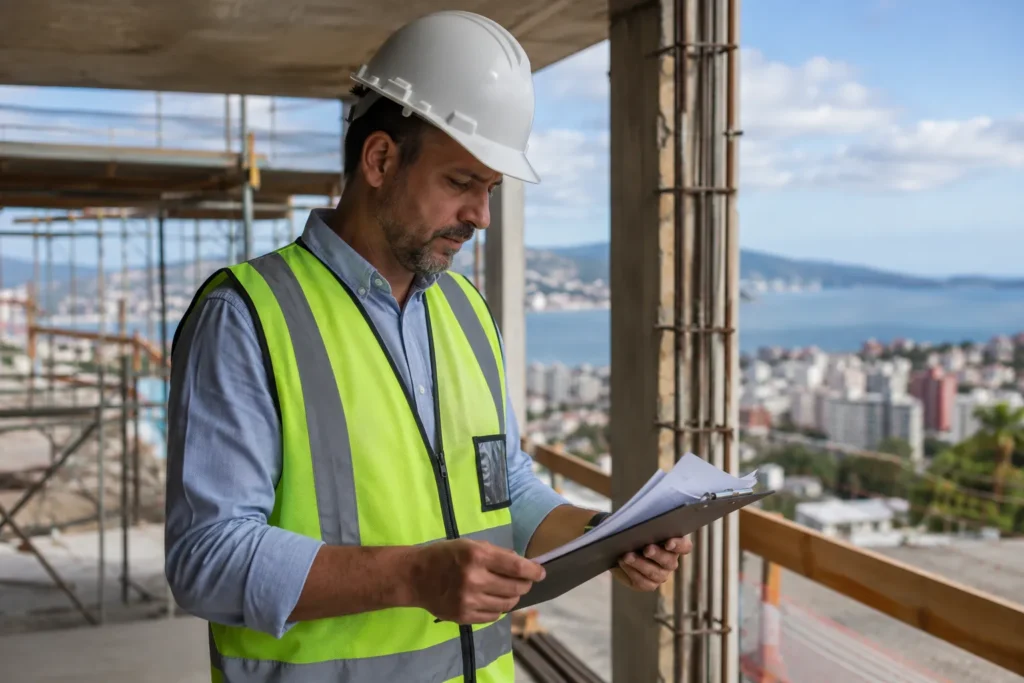 Engenheiro civil revisando a ART de obra em canteiro de construção residencial em Florianópolis