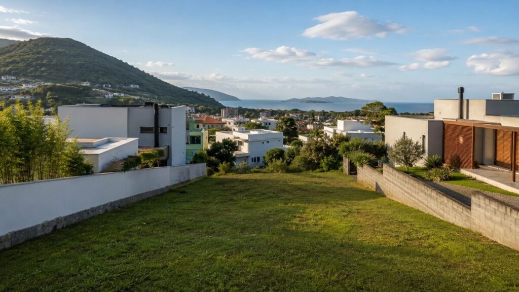 Terreno urbano em Florianópolis com vista para o mar e área construída ao redor, ilustrando os limites do Plano Diretor de Florianópolis
