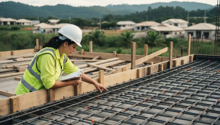 Engenheira estrutural conferindo a armação de aço de uma laje antes da concretagem em obra residencial