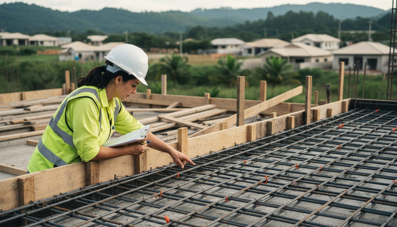 Engenheira estrutural conferindo a armação de aço de uma laje antes da concretagem em obra residencial